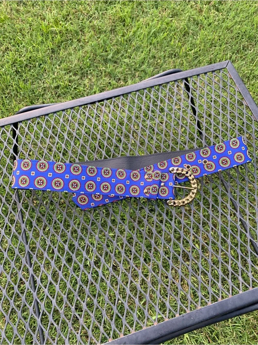 Vintage Blue Patterned Belt with Gold Chain Buckle